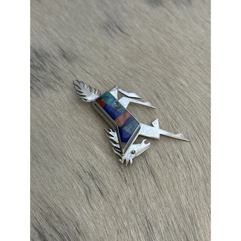 Native American Sterling Silver Inlay Horse Pin Turquoise Coral Robert Vandover - Picture 9 of 15